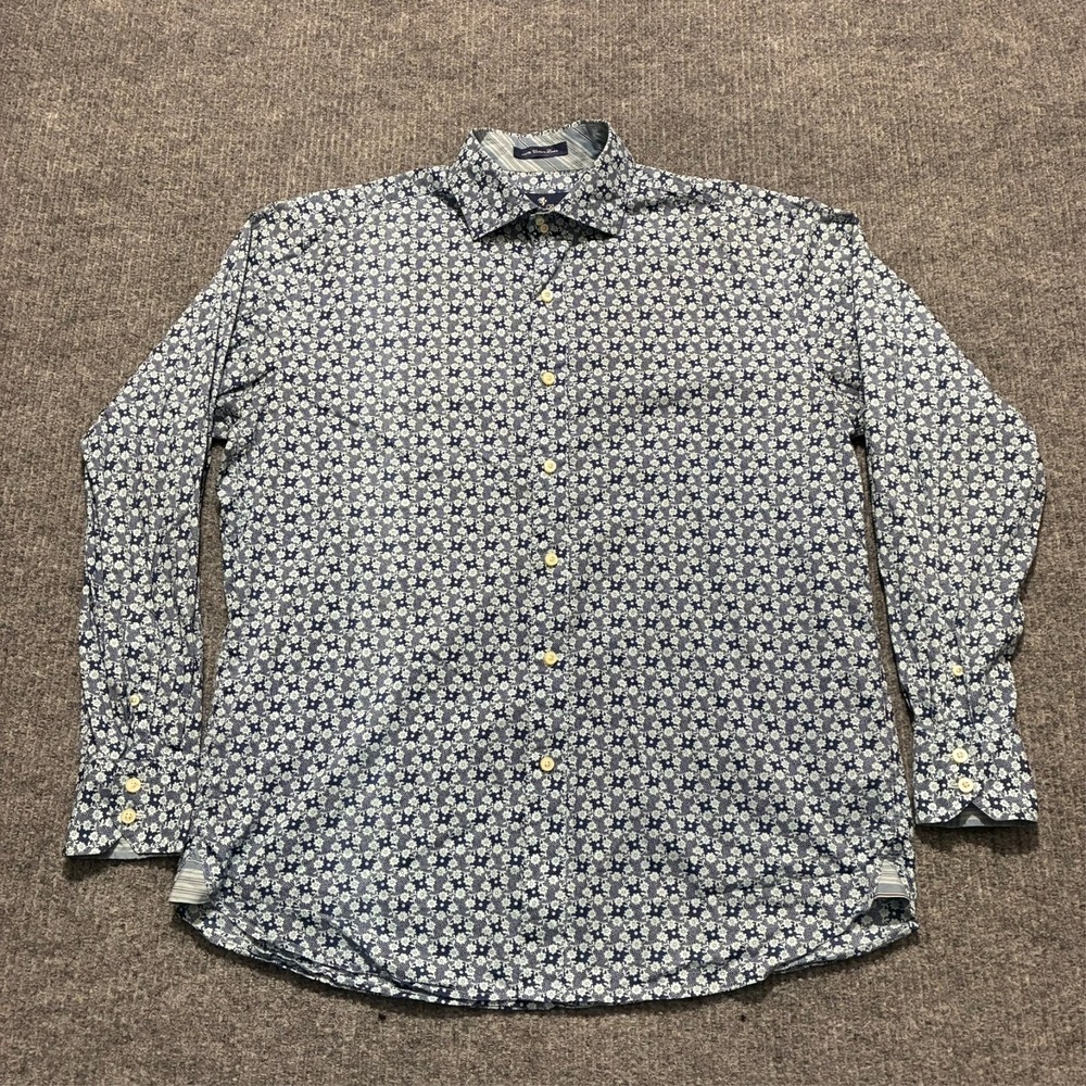 Austin Reed Royal Heritage Mens Button Up Shirt Large Blue Floral Long Sleeve
